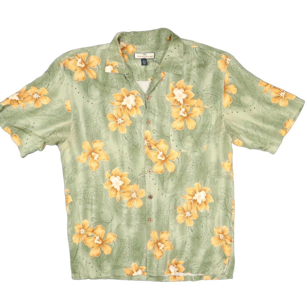 Tommy Bahama Silk Camp Shirt Mens XL Green Yellow Orchid Floral Paisley Pocket